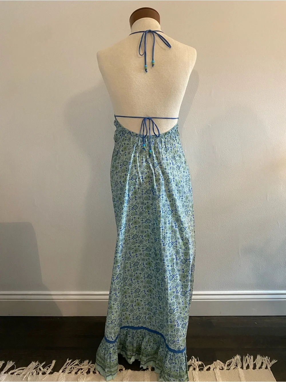 Vintage Blue and Green Floral Halter Cotton Maxi Dress Size S - Picture 5 of 11